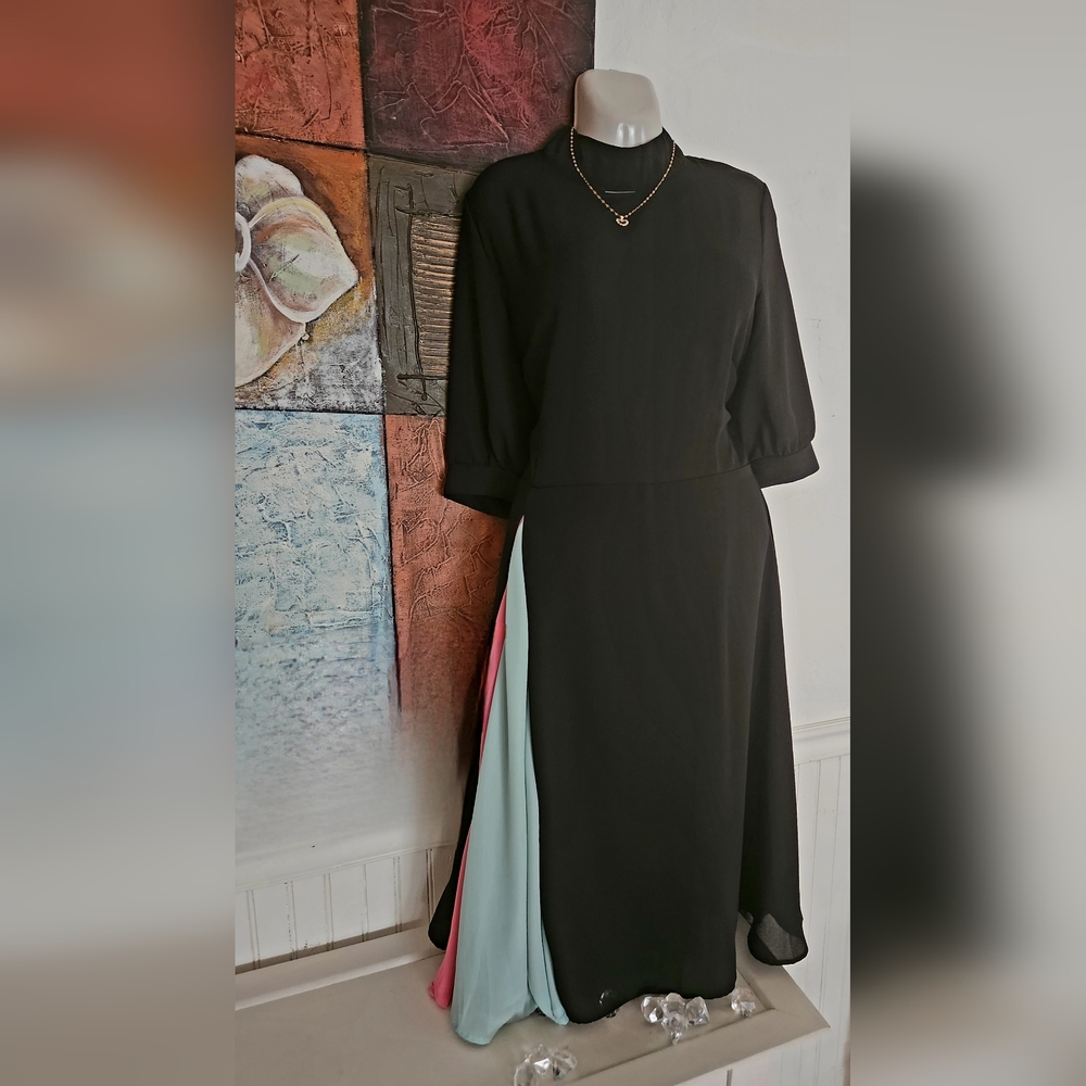 Large, Black, sheer dress. With a touch of pink and light green.